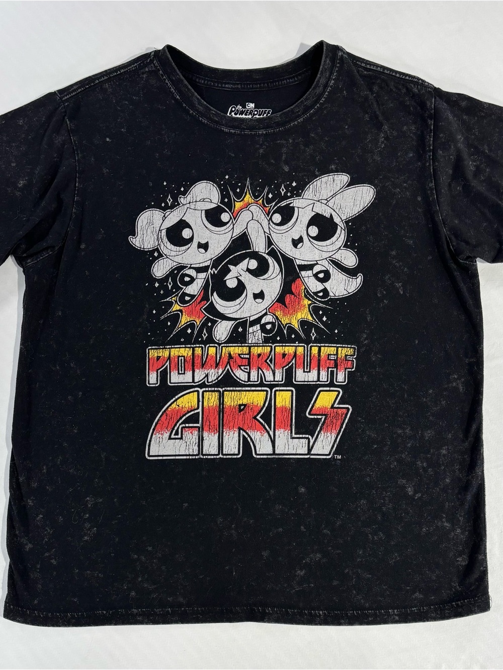 Cartoon Network Powerpuff Girls Black Graphic Tee with Red and Yellow Accents
